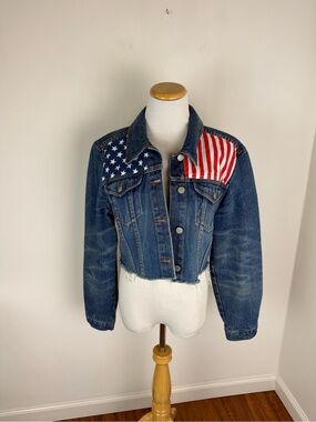 American Vintage American Flag Print Denim Crop Jacket Size S / M